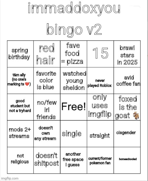 by 'v2' I mean I made it a little easier | image tagged in immaddoxyou bingo v2 | made w/ Imgflip meme maker