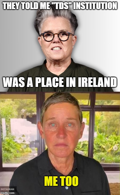 THEY TOLD ME "TDS" INSTITUTION WAS A PLACE IN IRELAND ME TOO | image tagged in rosie o'donnell,ellen is sorry | made w/ Imgflip meme maker