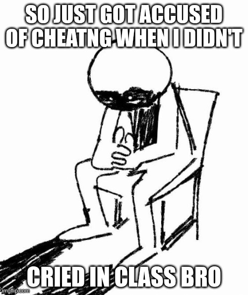 I am not a happy camper :< | SO JUST GOT ACCUSED OF CHEATNG WHEN I DIDN'T; CRIED IN CLASS BRO | image tagged in gonna crash out | made w/ Imgflip meme maker