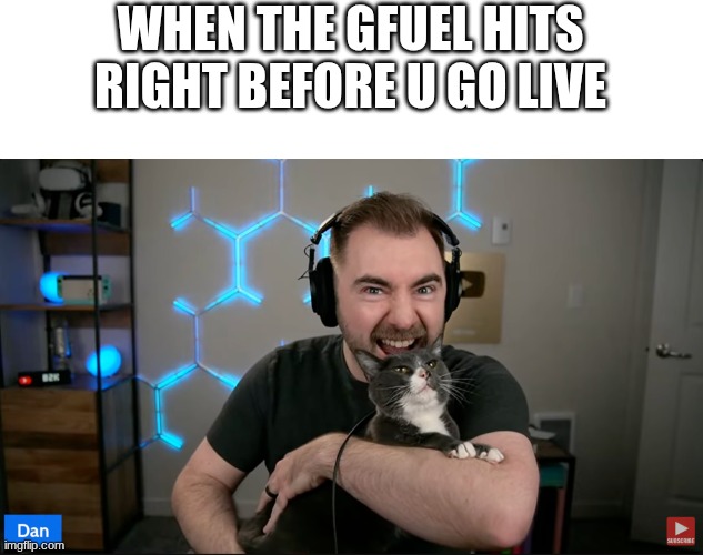 vid iq crazy cat guy | WHEN THE GFUEL HITS RIGHT BEFORE U GO LIVE | image tagged in vid iq crazy cat guy,gfuel,gaming,live stream,funny memes | made w/ Imgflip meme maker