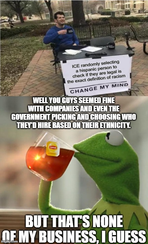 I thought you said it was perfectly okay to judge people based on their skin color | WELL YOU GUYS SEEMED FINE WITH COMPANIES AND EVEN THE GOVERNMENT PICKING AND CHOOSING WHO THEY'D HIRE BASED ON THEIR ETHNICITY. BUT THAT'S NONE OF MY BUSINESS, I GUESS | image tagged in memes,but that's none of my business,kermit the frog,political meme,liberal hypocrisy | made w/ Imgflip meme maker