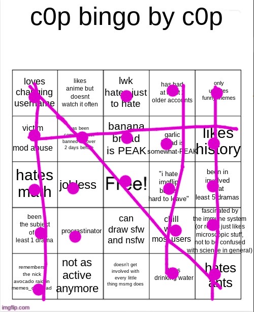 the purple is the reason disco followed me | image tagged in c0p bingo | made w/ Imgflip meme maker