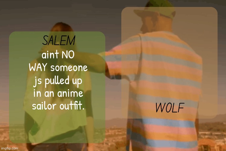 moons and foxed - salem n wolf temp | aint NO WAY someone js pulled up in an anime sailor outfit. | image tagged in moons and foxed - salem n wolf temp | made w/ Imgflip meme maker