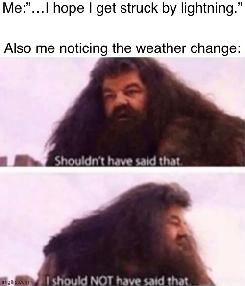 Test god’s patience, you get the thunder | Me:”…I hope I get struck by lightning.”; Also me noticing the weather change: | image tagged in shouldn't have said that,fun,memes | made w/ Imgflip meme maker