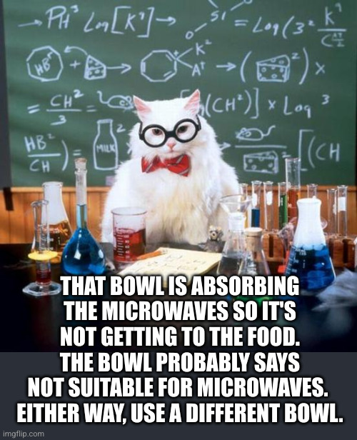 THAT BOWL IS ABSORBING
THE MICROWAVES SO IT'S
NOT GETTING TO THE FOOD.
THE BOWL PROBABLY SAYS
NOT SUITABLE FOR MICROWAVES. 
EITHER WAY, USE  | image tagged in memes,chemistry cat | made w/ Imgflip meme maker