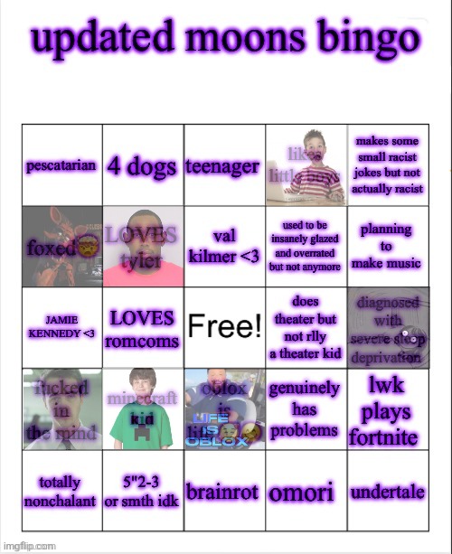 updated moons bingo | image tagged in updated moons bingo | made w/ Imgflip meme maker