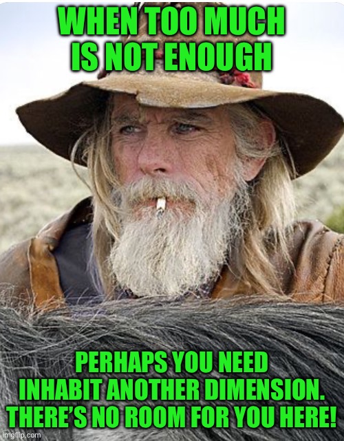 Cowboy | WHEN TOO MUCH IS NOT ENOUGH; PERHAPS YOU NEED INHABIT ANOTHER DIMENSION. THERE’S NO ROOM FOR YOU HERE! | image tagged in cowboy | made w/ Imgflip meme maker