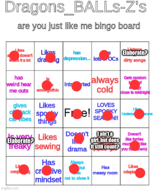 Elaborate- | Elaborate? I ain’t a girl, but does it still count? Elaborate? | image tagged in my bingo board | made w/ Imgflip meme maker