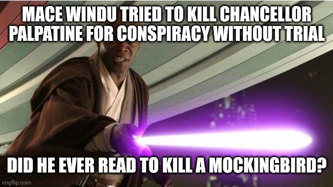 Did he ever read To Kill a Mockingbird? | MACE WINDU TRIED TO KILL CHANCELLOR PALPATINE FOR CONSPIRACY WITHOUT TRIAL; DID HE EVER READ TO KILL A MOCKINGBIRD? | image tagged in star wars,mace windu,politics,political meme | made w/ Imgflip meme maker