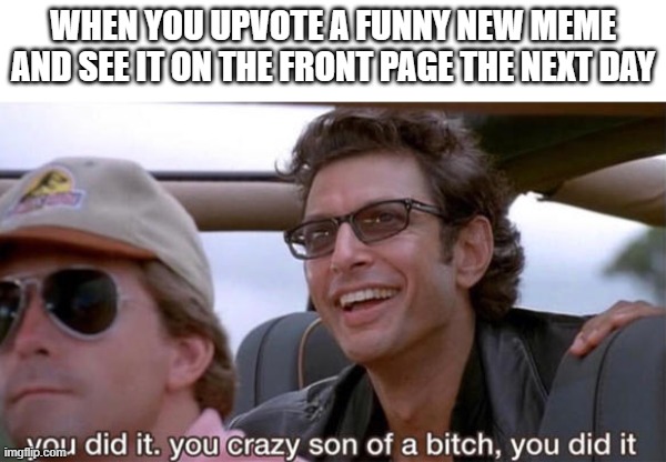 Congratulations | WHEN YOU UPVOTE A FUNNY NEW MEME AND SEE IT ON THE FRONT PAGE THE NEXT DAY | image tagged in you crazy son of a bitch you did it,memes,imgflip,front page | made w/ Imgflip meme maker