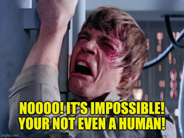 luke nooooo | NOOOO! IT'S IMPOSSIBLE! YOUR NOT EVEN A HUMAN! | image tagged in luke nooooo | made w/ Imgflip meme maker