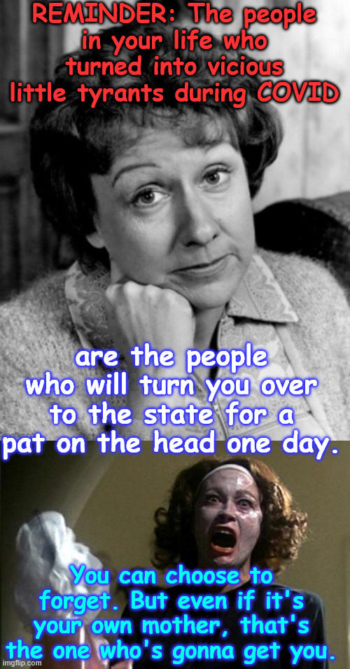Reminder | REMINDER: The people in your life who turned into vicious little tyrants during COVID; are the people who will turn you over to the state for a pat on the head one day. You can choose to forget. But even if it's your own mother, that's the one who's gonna get you. | image tagged in reminder,viscous tyrant covid cultists | made w/ Imgflip meme maker