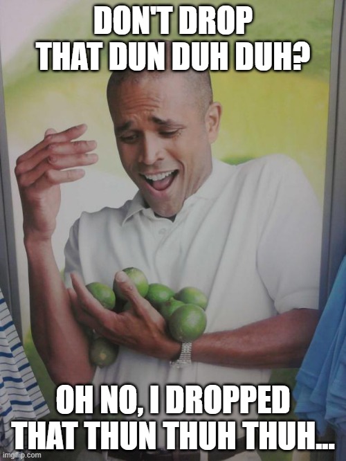 Post Limon con Los Putos Cabrones | DON'T DROP THAT DUN DUH DUH? OH NO, I DROPPED THAT THUN THUH THUH... | image tagged in why is the fbi here,why can't you just be normal,but why why would you do that,why are you reading this | made w/ Imgflip meme maker