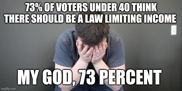 Head in Hands | 73% OF VOTERS UNDER 40 THINK THERE SHOULD BE A LAW LIMITING INCOME; MY GOD, 73 PERCENT | image tagged in head in hands | made w/ Imgflip meme maker