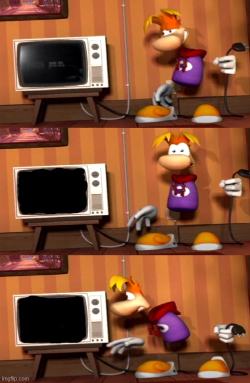 Rayman tryna turn off the TV by unplugging it Blank Meme Template