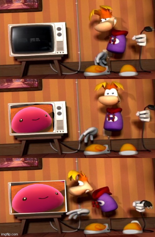 Rayman tryna turn off the TV by unplugging it | image tagged in rayman tryna turn off the tv by unplugging it | made w/ Imgflip meme maker