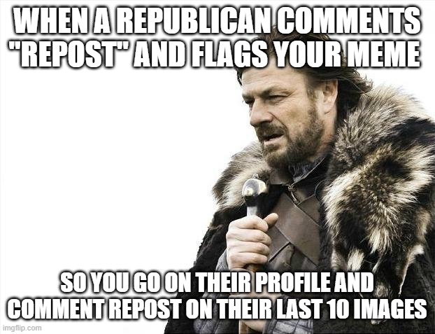 They were all from X so what I did was valid | WHEN A REPUBLICAN COMMENTS "REPOST" AND FLAGS YOUR MEME; SO YOU GO ON THEIR PROFILE AND COMMENT REPOST ON THEIR LAST 10 IMAGES | image tagged in memes,brace yourselves x is coming | made w/ Imgflip meme maker