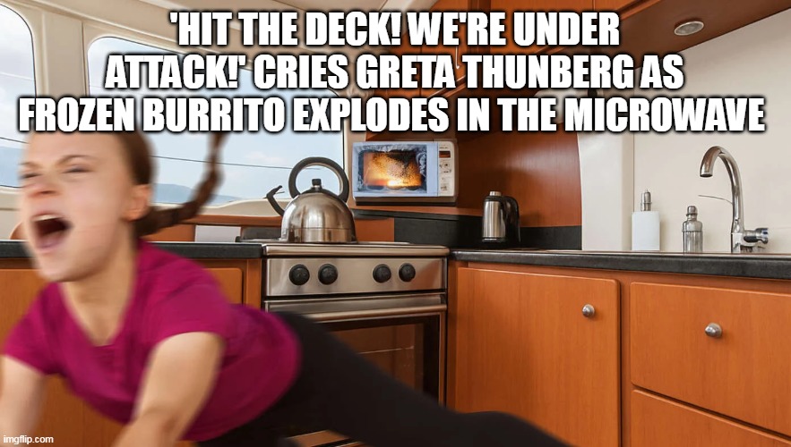 'HIT THE DECK! WE'RE UNDER ATTACK!' CRIES GRETA THUNBERG AS FROZEN BURRITO EXPLODES IN THE MICROWAVE | made w/ Imgflip meme maker