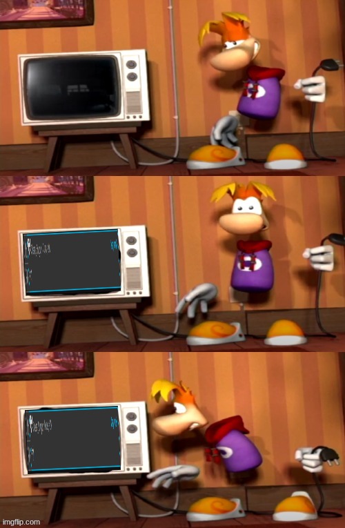 Rayman tryna turn off the TV by unplugging it | image tagged in rayman tryna turn off the tv by unplugging it | made w/ Imgflip meme maker