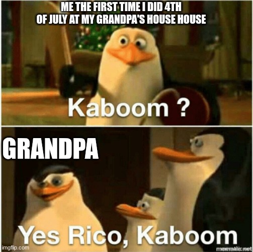 Kaboom? Yes Rico, Kaboom. | ME THE FIRST TIME I DID 4TH OF JULY AT MY GRANDPA'S HOUSE HOUSE; GRANDPA | image tagged in kaboom yes rico kaboom | made w/ Imgflip meme maker