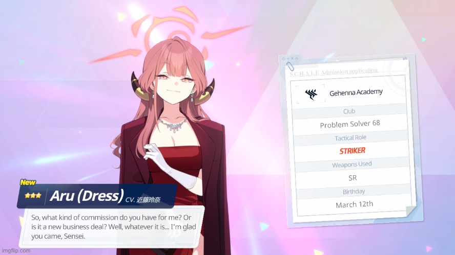 ON MY FIRST PULL, LESSGOOOOOOOOOO- | image tagged in blue archive,aru,summon,recruit,lucky,seriosly i have insane luck in this game | made w/ Imgflip meme maker
