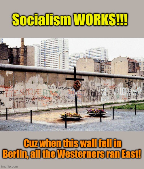 Thought I'd try channeling a Libtard | Socialism WORKS!!! Cuz when this wall fell in Berlin, all the Westerners ran East! | made w/ Imgflip meme maker