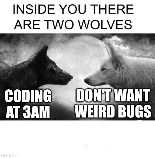 Coding Wolves | DON'T WANT
WEIRD BUGS; CODING
AT 3AM | image tagged in inside you there are two wolves | made w/ Imgflip meme maker