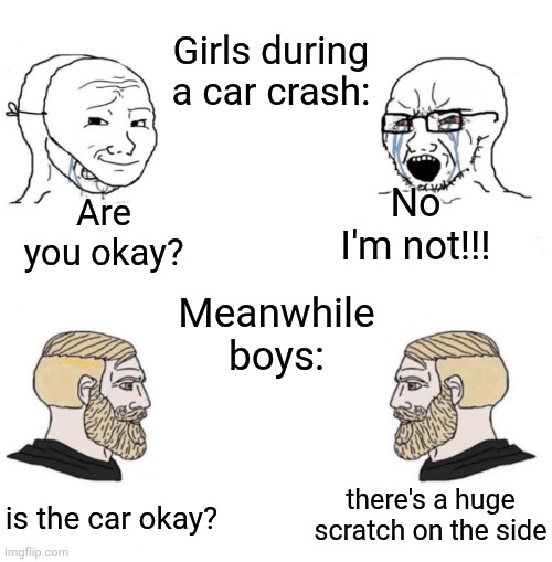 Chad we know | Girls during a car crash:; No I'm not!!! Are you okay? Meanwhile boys:; there's a huge scratch on the side; is the car okay? | image tagged in chad we know | made w/ Imgflip meme maker