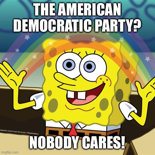 Nobody cares about the Democratic Party anymore! | THE AMERICAN DEMOCRATIC PARTY? NOBODY CARES! | image tagged in spongebob nobody cared,nobody cares,spongebob,democrats,democratic party,delusional | made w/ Imgflip meme maker