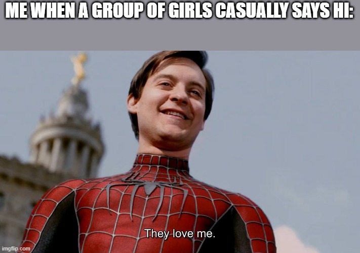 (idk what to joke about here) | ME WHEN A GROUP OF GIRLS CASUALLY SAYS HI: | image tagged in they love me,lol,funny memes,boy memes | made w/ Imgflip meme maker