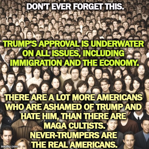 TRUMP'S APPROVAL IS UNDERWATER 

ON ALL ISSUES, INCLUDING 
IMMIGRATION AND THE ECONOMY. DON'T EVER FORGET THIS. THERE ARE A LOT MORE AMERICANS 
WHO ARE ASHAMED OF TRUMP AND 
HATE HIM, THAN THERE ARE 
MAGA CULTISTS.
NEVER-TRUMPERS ARE 

THE REAL AMERICANS. | image tagged in trump,disapproval,immigration,economy,shame,maga | made w/ Imgflip meme maker