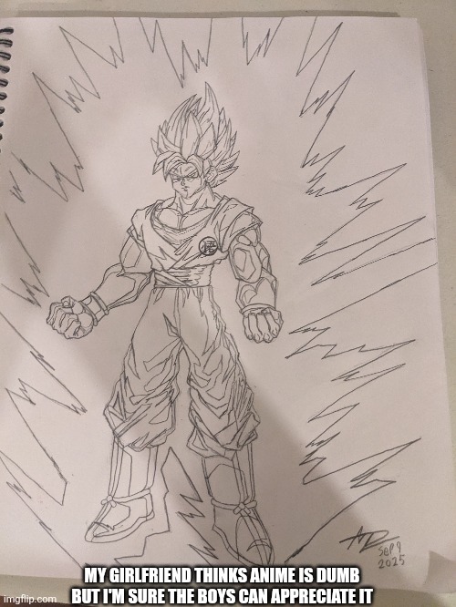 Drew a contour line drawing of goku | MY GIRLFRIEND THINKS ANIME IS DUMB BUT I'M SURE THE BOYS CAN APPRECIATE IT | made w/ Imgflip meme maker