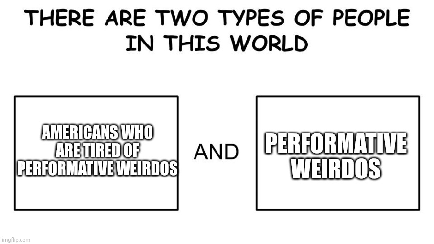 There really is no in-between | PERFORMATIVE WEIRDOS; AMERICANS WHO ARE TIRED OF PERFORMATIVE WEIRDOS | image tagged in there are two types of people in this world,americans | made w/ Imgflip meme maker