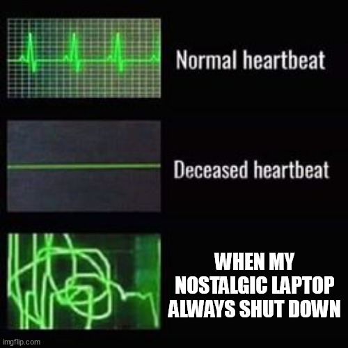 true | WHEN MY NOSTALGIC LAPTOP ALWAYS SHUT DOWN | image tagged in heartbeat rate,laptop,old laptop | made w/ Imgflip meme maker