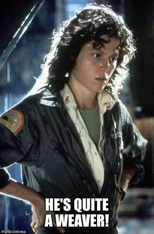 Sigourney Weaver | HE'S QUITE A WEAVER! | image tagged in sigourney weaver | made w/ Imgflip meme maker