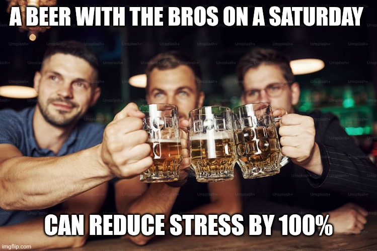 Fax | A BEER WITH THE BROS ON A SATURDAY; CAN REDUCE STRESS BY 100% | image tagged in men with beer,memes | made w/ Imgflip meme maker