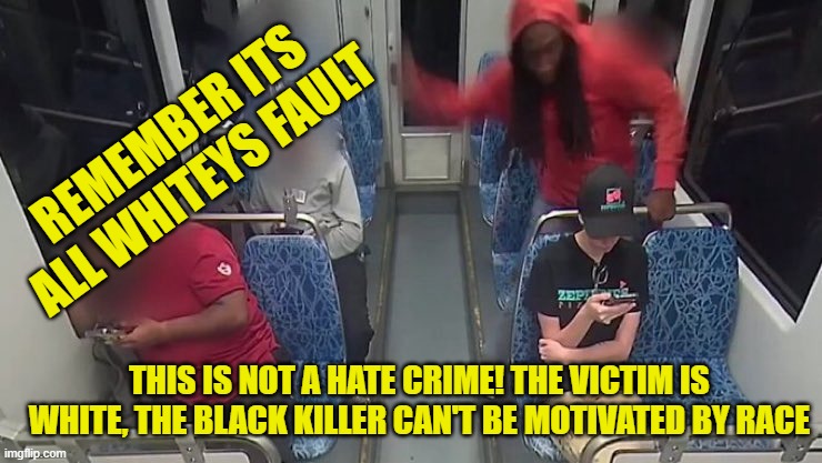 Remember, If you are white just shut up and die | REMEMBER ITS
ALL WHITEYS FAULT; THIS IS NOT A HATE CRIME! THE VICTIM IS WHITE, THE BLACK KILLER CAN'T BE MOTIVATED BY RACE | image tagged in hate crime,racism,white privilege,black people,train,north carolina | made w/ Imgflip meme maker