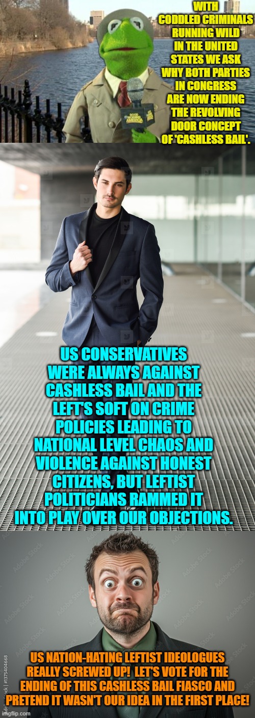 Yeah Congress is now voting to withhold federal funding for states doing cashless bail. | WITH CODDLED CRIMINALS RUNNING WILD IN THE UNITED STATES WE ASK WHY BOTH PARTIES IN CONGRESS ARE NOW ENDING THE REVOLVING DOOR CONCEPT OF 'CASHLESS BAIL'. US CONSERVATIVES WERE ALWAYS AGAINST CASHLESS BAIL AND THE LEFT'S SOFT ON CRIME POLICIES LEADING TO NATIONAL LEVEL CHAOS AND VIOLENCE AGAINST HONEST CITIZENS, BUT LEFTIST POLITICIANS RAMMED IT INTO PLAY OVER OUR OBJECTIONS. US NATION-HATING LEFTIST IDEOLOGUES REALLY SCREWED UP!  LET'S VOTE FOR THE ENDING OF THIS CASHLESS BAIL FIASCO AND PRETEND IT WASN'T OUR IDEA IN THE FIRST PLACE! | image tagged in kermit news report | made w/ Imgflip meme maker