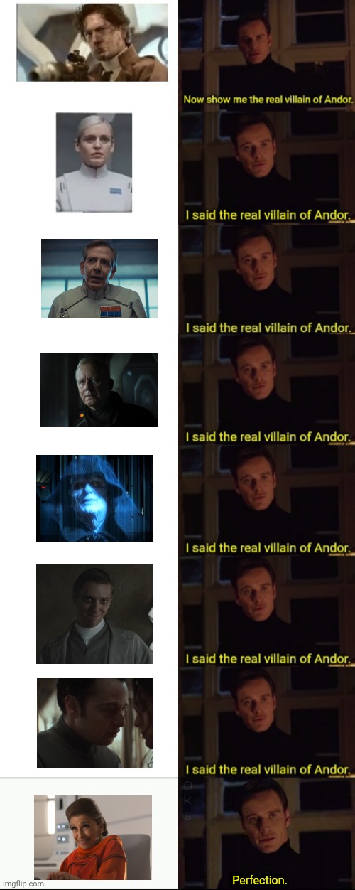 villain | Perfection. | image tagged in show me the real,perfection,andor | made w/ Imgflip meme maker