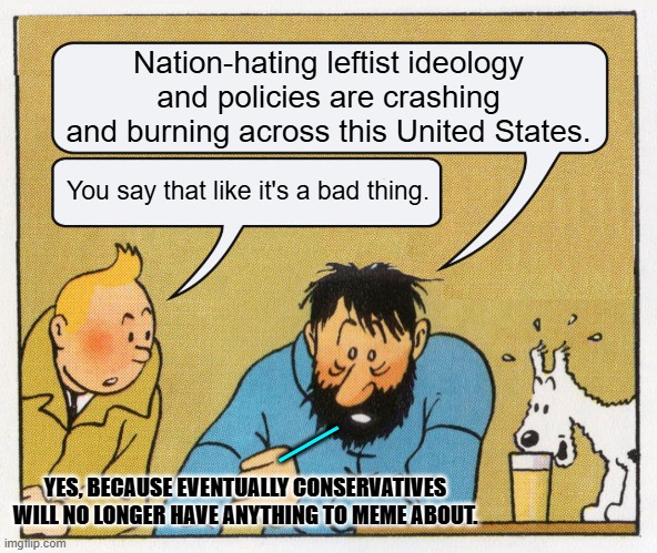 Oh no! | Nation-hating leftist ideology and policies are crashing and burning across this United States. You say that like it's a bad thing. __; YES, BECAUSE EVENTUALLY CONSERVATIVES WILL NO LONGER HAVE ANYTHING TO MEME ABOUT. | image tagged in what a week huh | made w/ Imgflip meme maker
