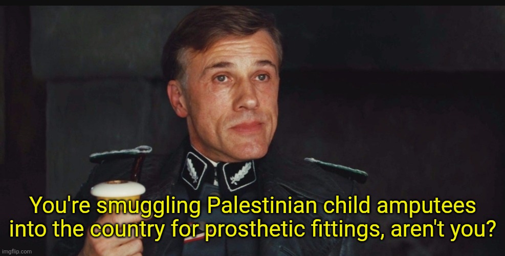 All in a day's work. | You're smuggling Palestinian child amputees into the country for prosthetic fittings, aren't you? | image tagged in you're sheltering enemies of the state under the floorboards | made w/ Imgflip meme maker