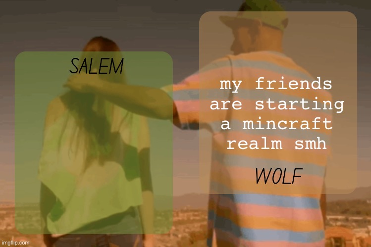 moons and foxed - salem n wolf temp | my friends are starting a mincraft realm smh | image tagged in moons and foxed - salem n wolf temp | made w/ Imgflip meme maker