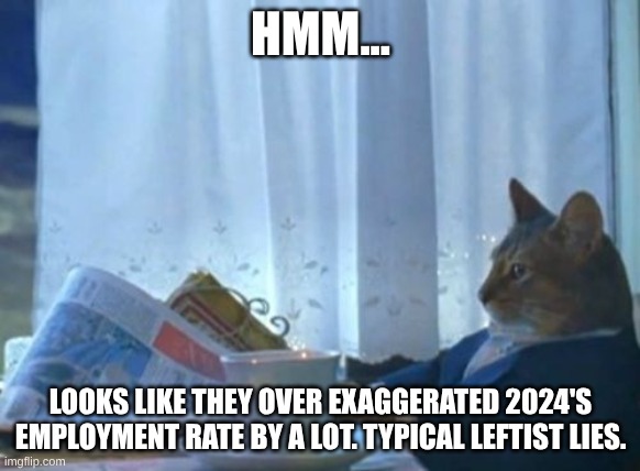 I Should Buy A Boat Cat Meme | HMM... LOOKS LIKE THEY OVER EXAGGERATED 2024'S EMPLOYMENT RATE BY A LOT. TYPICAL LEFTIST LIES. | image tagged in memes,i should buy a boat cat | made w/ Imgflip meme maker
