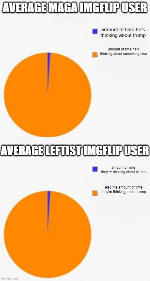 Their cultish devotion to him is scary | AVERAGE LEFTIST IMGFLIP USER; amount of time they're thinking about trump; also the amount of time they're thinking about trump | image tagged in pie chart meme,political meme,liberal hypocrisy,leftists | made w/ Imgflip meme maker