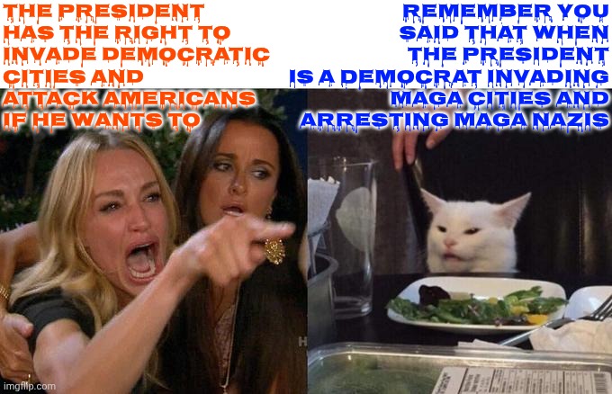 I Can't Wait Til Democrats Do EXACTLY What Trump & His Maga Nazis Have Done & Are Doing.  Maga Hypocrite's Heads Will Explode | The President

has the right to invade democratic cities and attack Americans if he wants to; Remember you

said that when
the President
is a Democrat invading
Maga cities and
arresting Maga Nazis | image tagged in memes,woman yelling at cat,maga,nazis,hypocrites,conservative hypocrisy | made w/ Imgflip meme maker