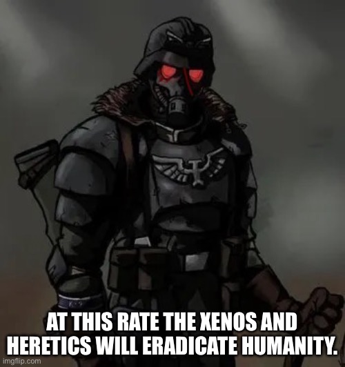 Krieg grenadier | AT THIS RATE THE XENOS AND HERETICS WILL ERADICATE HUMANITY. | image tagged in krieg grenadier | made w/ Imgflip meme maker