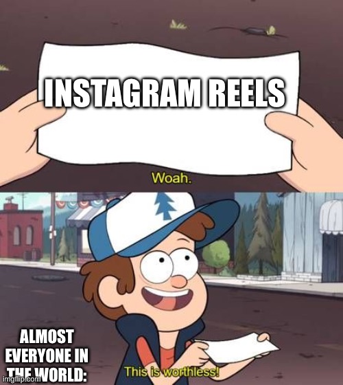 Less than worthless my friend | INSTAGRAM REELS; ALMOST EVERYONE IN THE WORLD: | image tagged in gravity falls meme | made w/ Imgflip meme maker