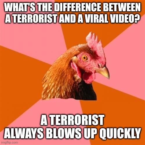 Anti Joke Chicken | WHAT'S THE DIFFERENCE BETWEEN A TERRORIST AND A VIRAL VIDEO? A TERRORIST ALWAYS BLOWS UP QUICKLY | image tagged in memes,anti joke chicken | made w/ Imgflip meme maker