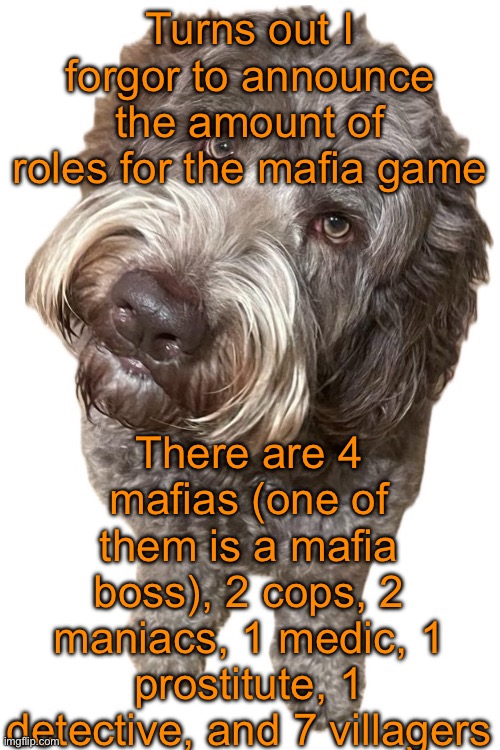 Norther's dog | Turns out I forgor to announce the amount of roles for the mafia game; There are 4 mafias (one of them is a mafia boss), 2 cops, 2 maniacs, 1 medic, 1 prostitute, 1 detective, and 7 villagers | image tagged in norther's dog,msmg mafia | made w/ Imgflip meme maker