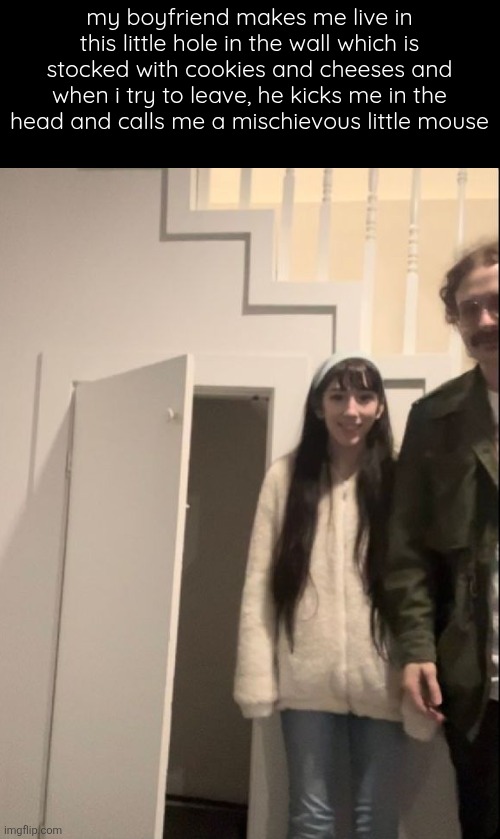 my boyfriend makes me live in this little hole in the wall which is stocked with cookies and cheeses and when i try to leave, he kicks me in the head and calls me a mischievous little mouse | made w/ Imgflip meme maker